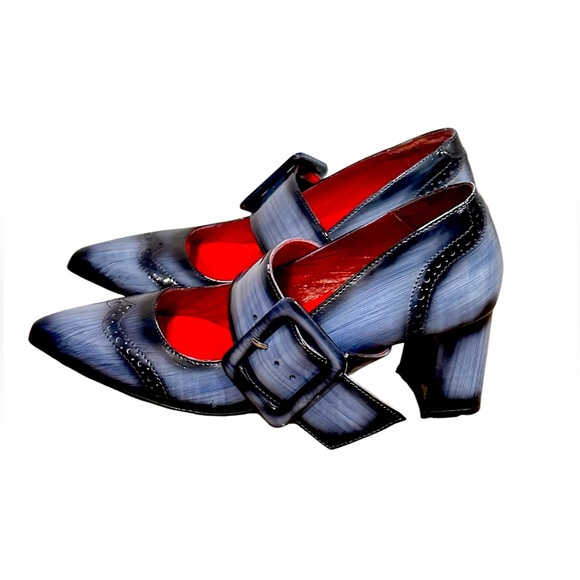 Girotti Handmade Block Heels Wingtip Buckle Pumps Black Gray Mary Jane Sz 40 - Picture 1 of 6